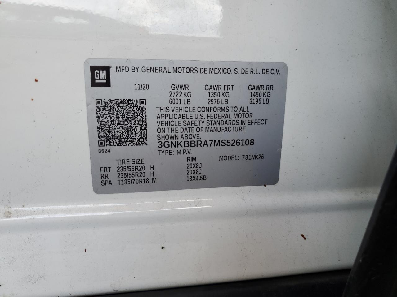 2021 Chevrolet Blazer 1Lt VIN: 3GNKBBRA7MS526108 Lot: 84999775