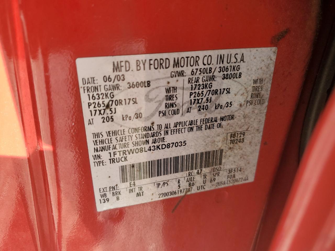 2003 Ford F150 Supercrew VIN: 1FTRW08L43KD87035 Lot: 86246125