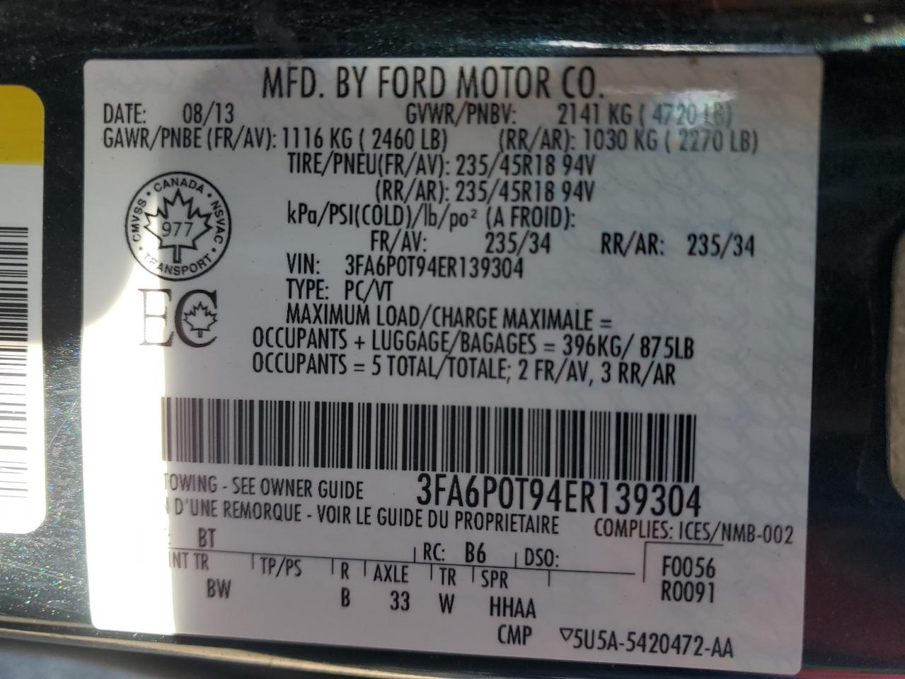 2014 Ford Fusion Se VIN: 3FA6P0T94ER139304 Lot: 86057155