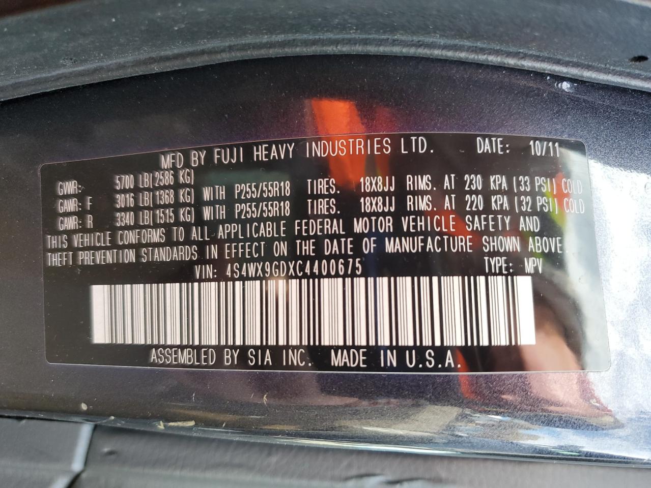 2012 Subaru Tribeca Limited VIN: 4S4WX9GDXC4400675 Lot: 87457565