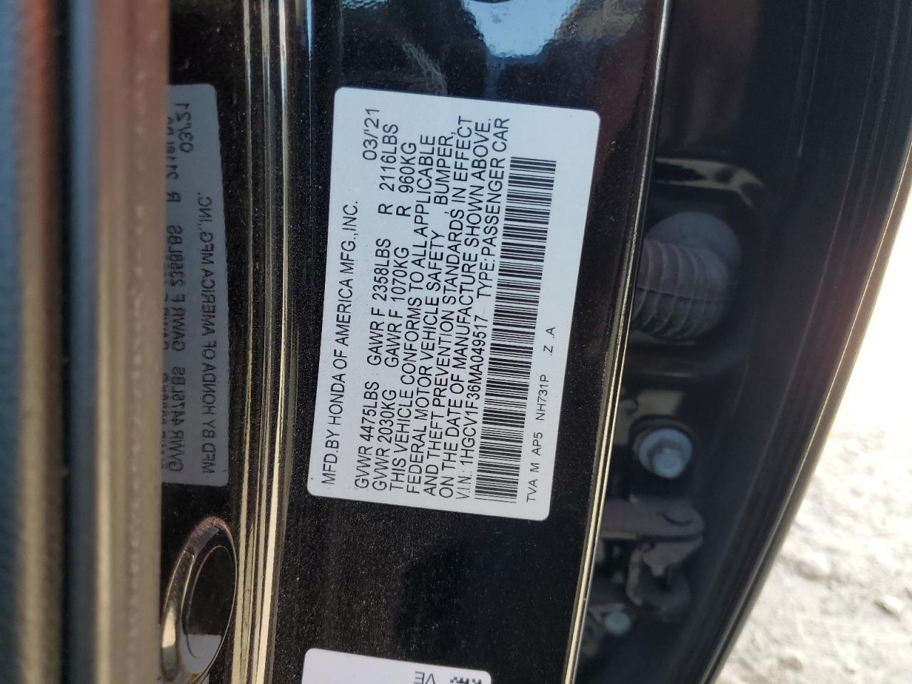 2021 Honda Accord Sport VIN: 1HGCV1F36MA049517 Lot: 86478055