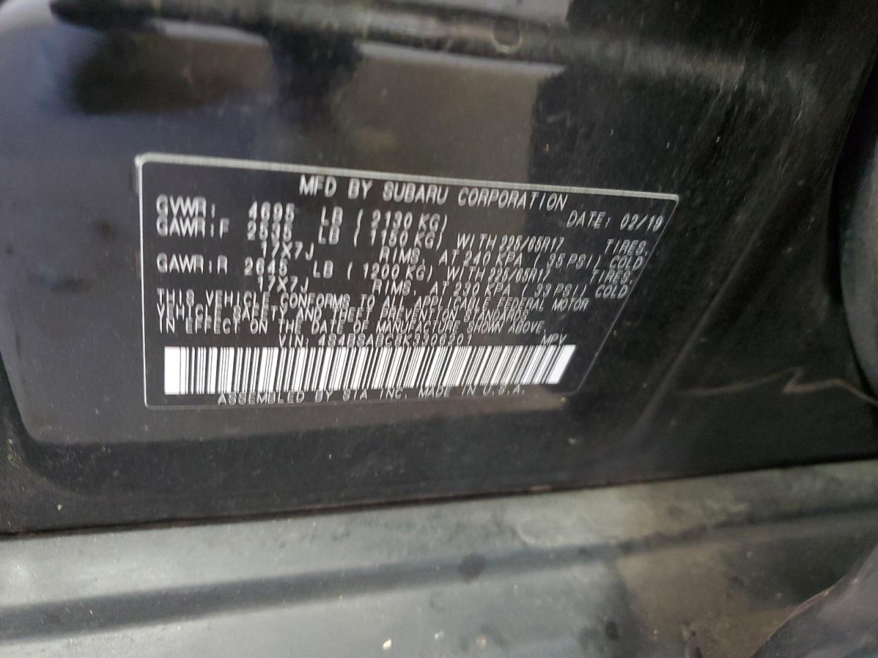 2019 Subaru Outback 2.5I VIN: 4S4BSABC8K3306201 Lot: 85718395