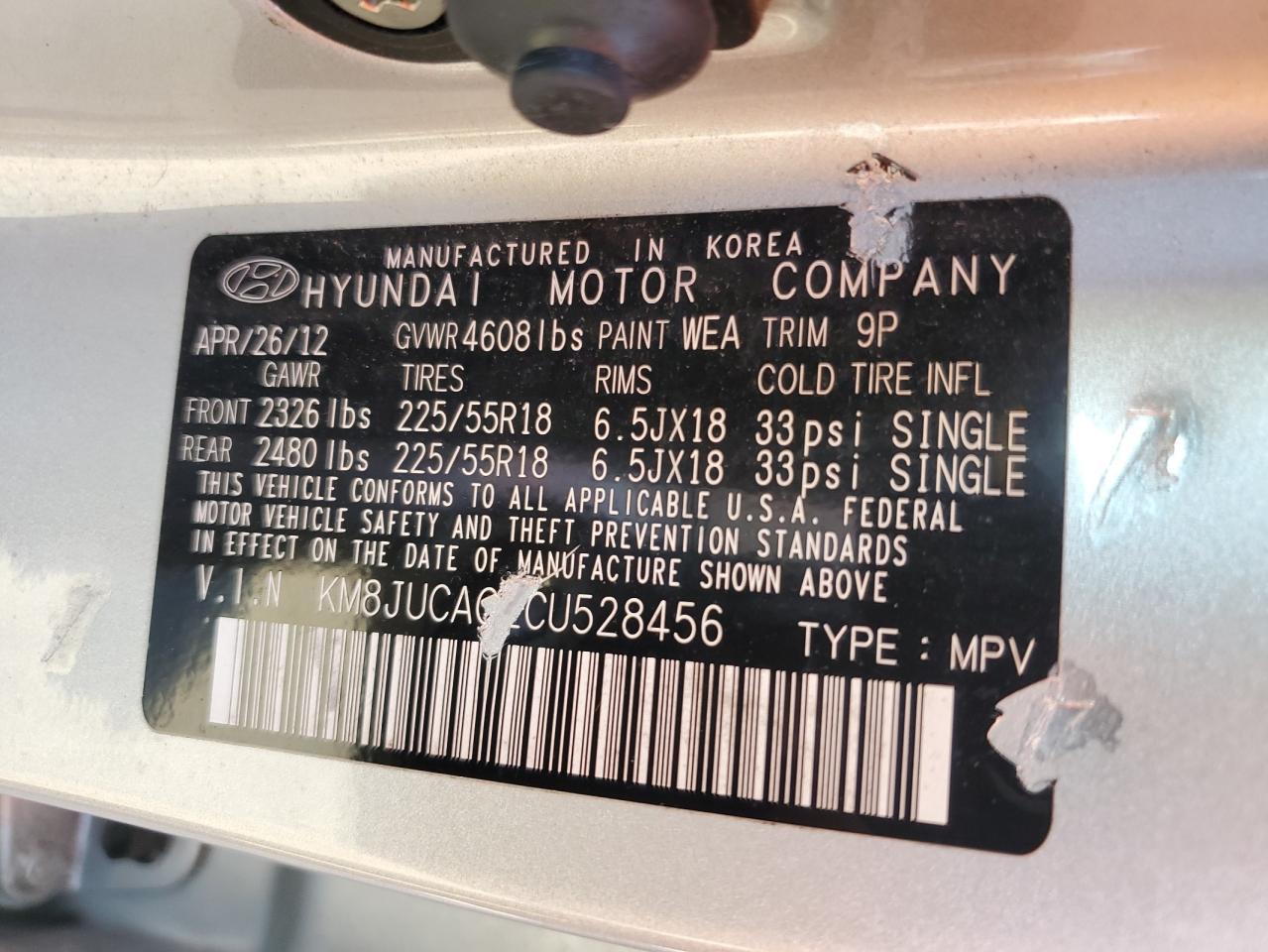 2012 Hyundai Tucson Gls VIN: KM8JUCAC2CU528456 Lot: 82361175