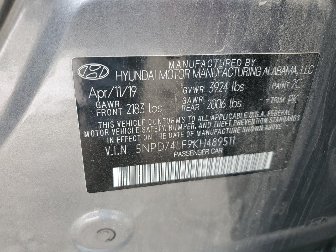 2019 Hyundai Elantra Se VIN: 5NPD74LF9KH489511 Lot: 82431135