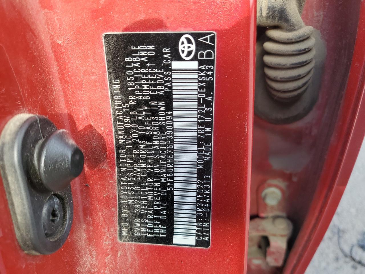 2016 Toyota Corolla L VIN: 5YFBURHE7GP390094 Lot: 82206205