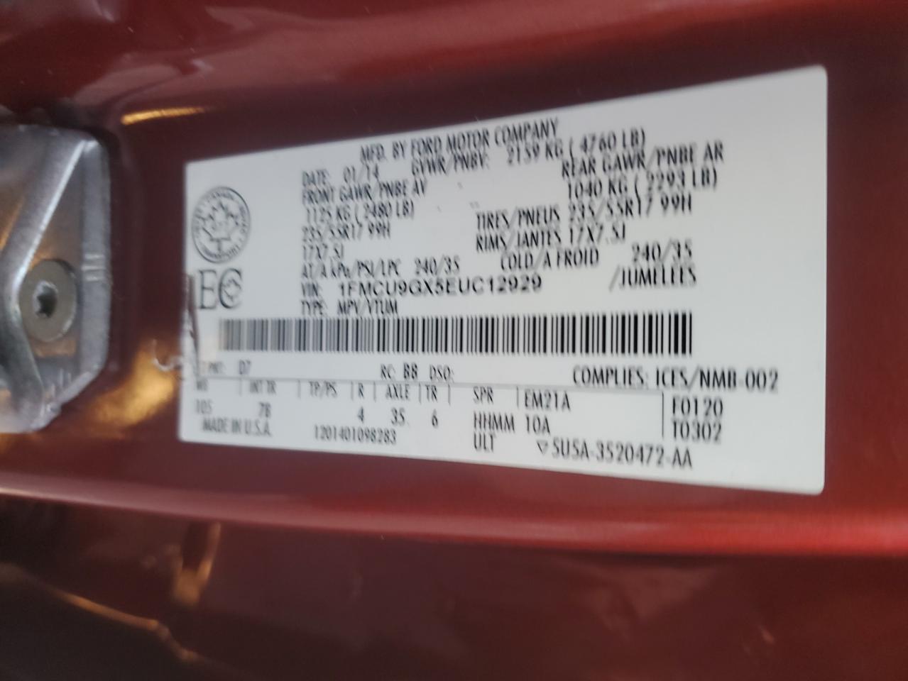2014 Ford Escape Se VIN: 1FMCU9GX5EUC12929 Lot: 82509315