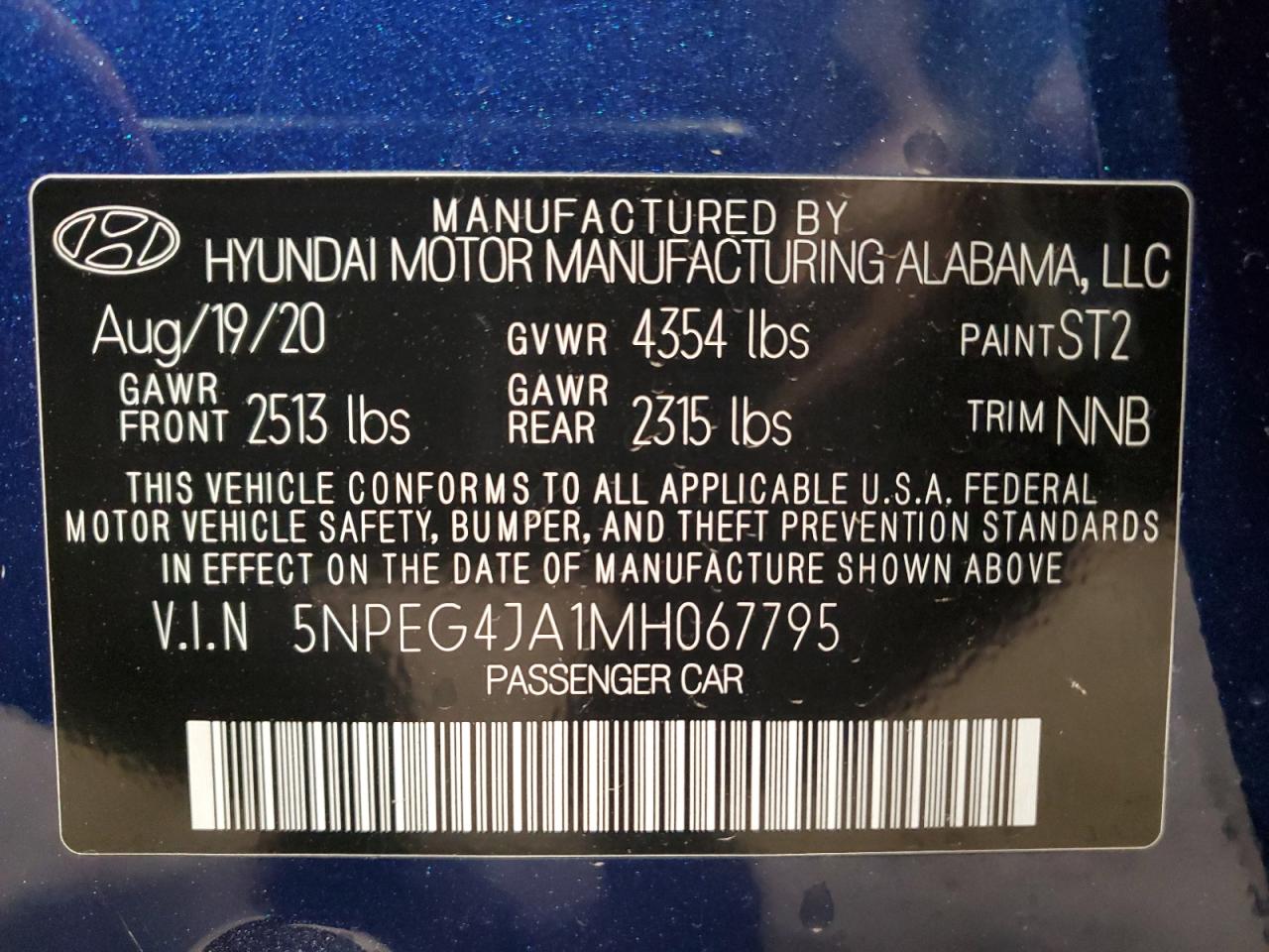 2021 Hyundai Sonata Se VIN: 5NPEG4JA1MH067795 Lot: 84370615
