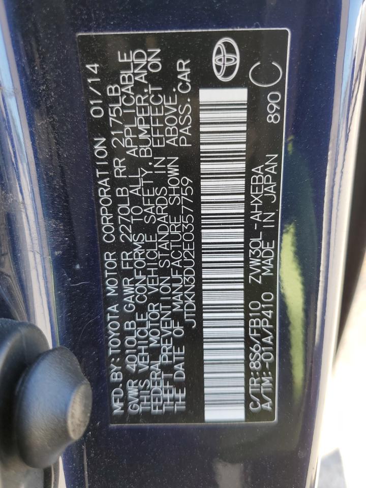 2014 Toyota Prius VIN: JTDKN3DU2E0357759 Lot: 85426485