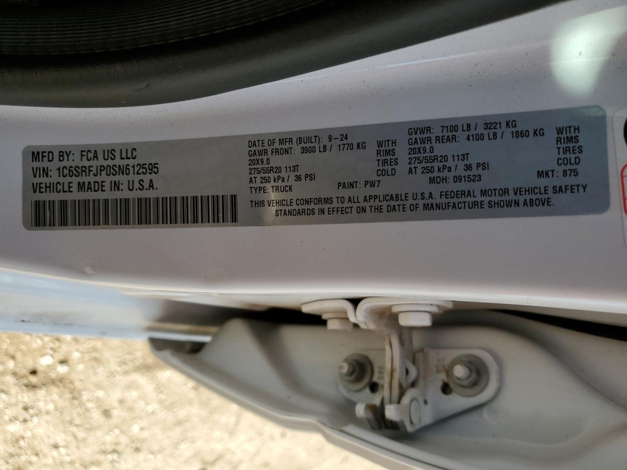 2025 Ram 1500 Laramie VIN: 1C6SRFJP0SN612595 Lot: 84484625