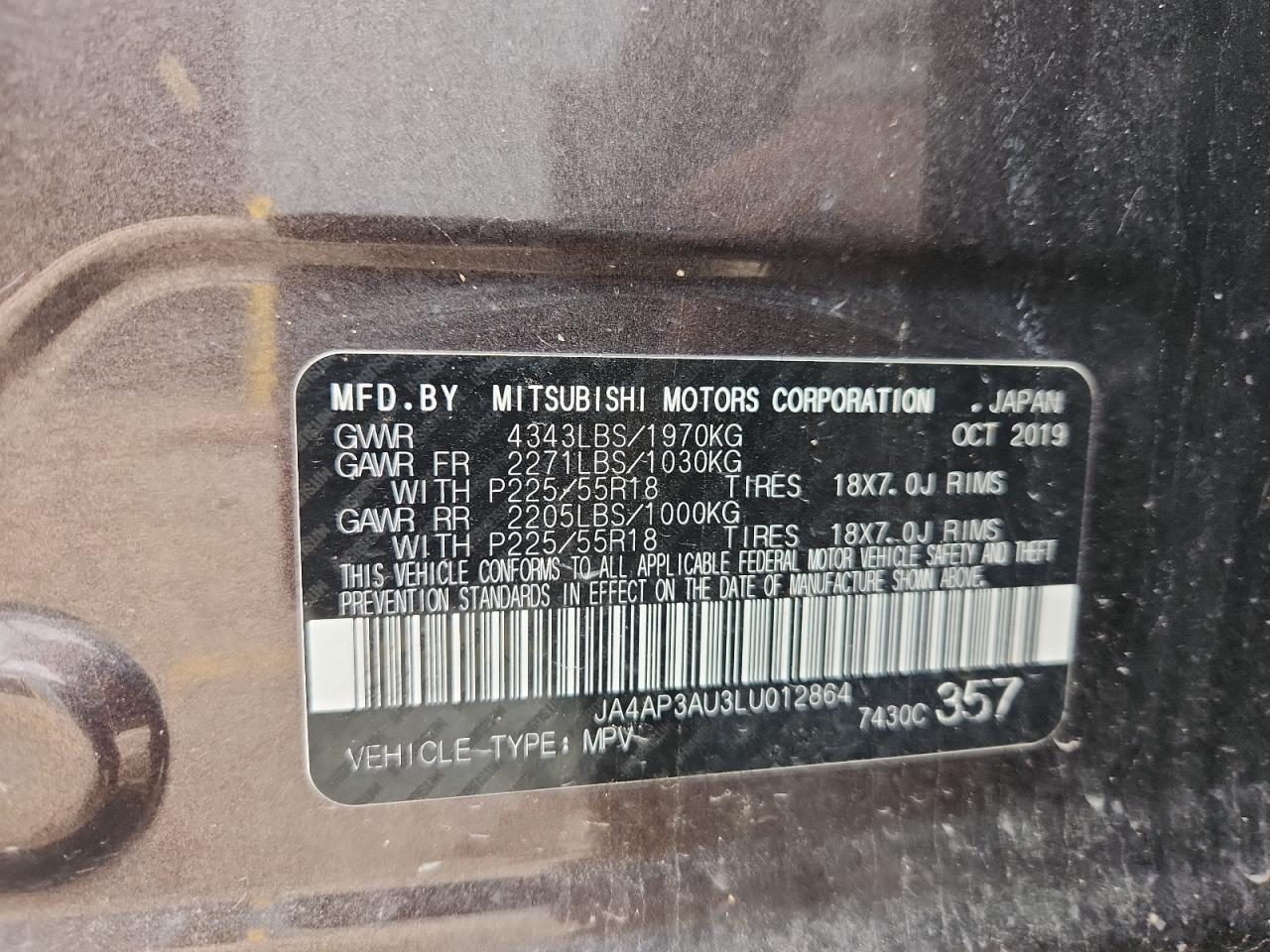 2020 Mitsubishi Outlander Sport Es VIN: JA4AP3AU3LU012864 Lot: 85353125