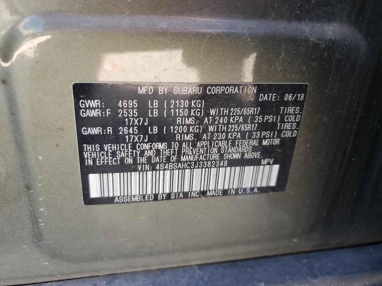 2018 Subaru Outback 2.5I Premium VIN: 4S4BSAHC3J3382348 Lot: 86822135