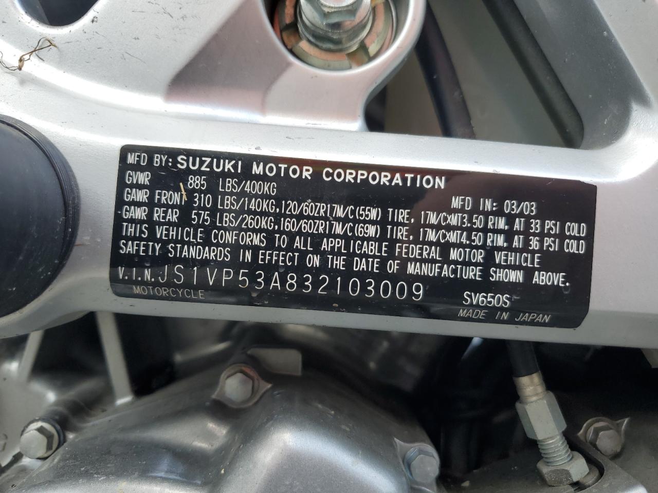 2003 Suzuki Sv650 VIN: JS1VP53A832103009 Lot: 82199165