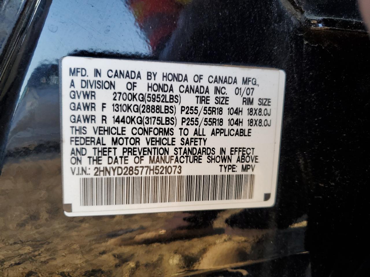 2007 Acura Mdx Sport VIN: 2HNYD28577H521073 Lot: 82756685