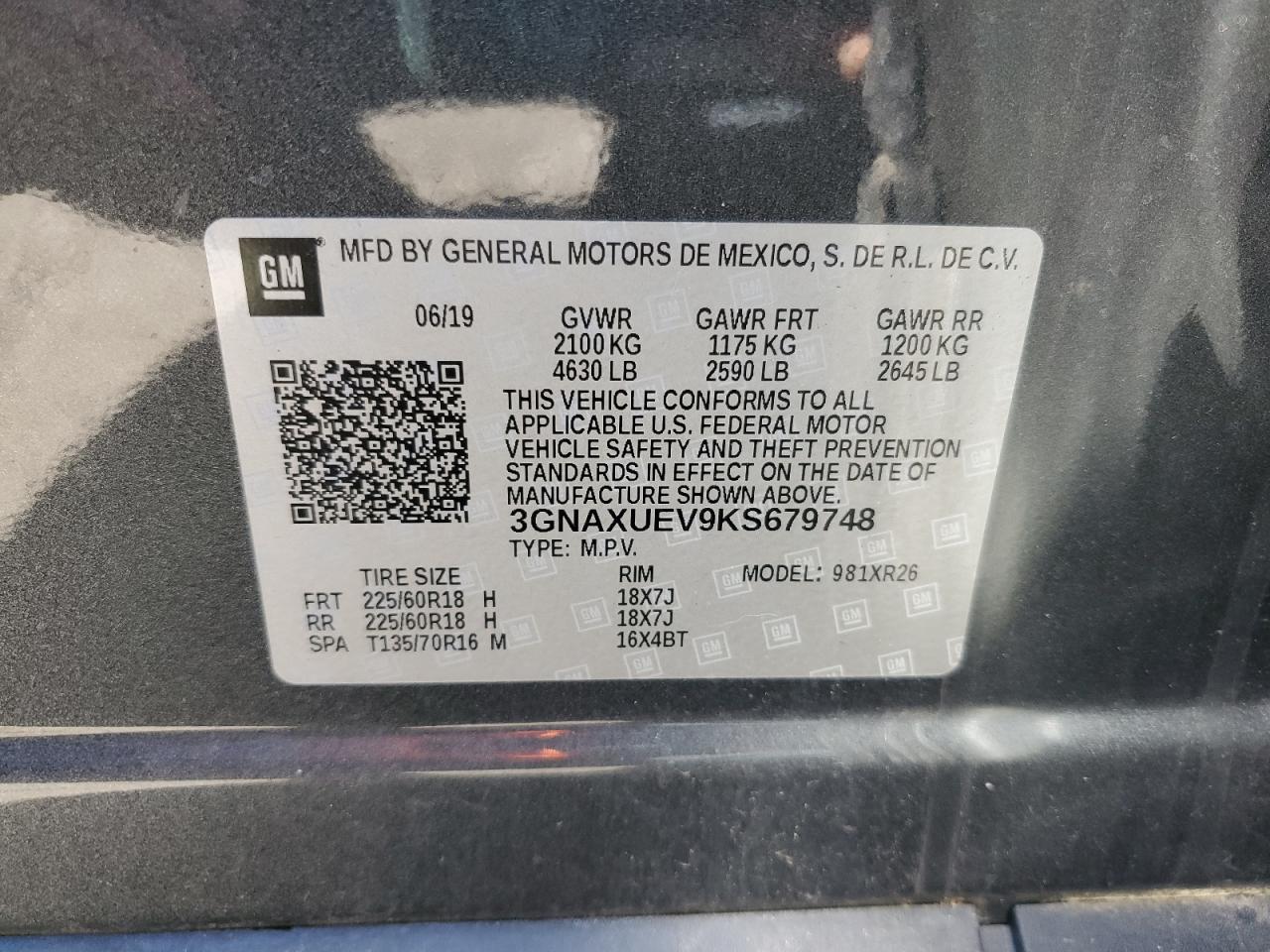 2019 Chevrolet Equinox Lt VIN: 3GNAXUEV9KS679748 Lot: 85335505