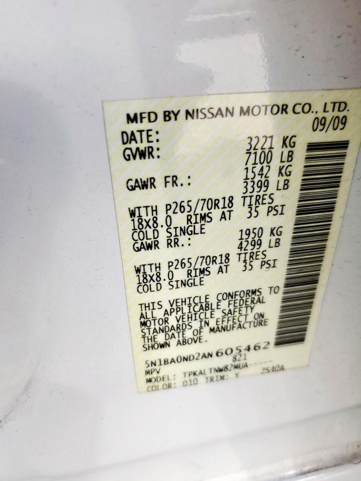 2010 Nissan Armada Se VIN: 5N1BA0ND2AN605462 Lot: 84764575