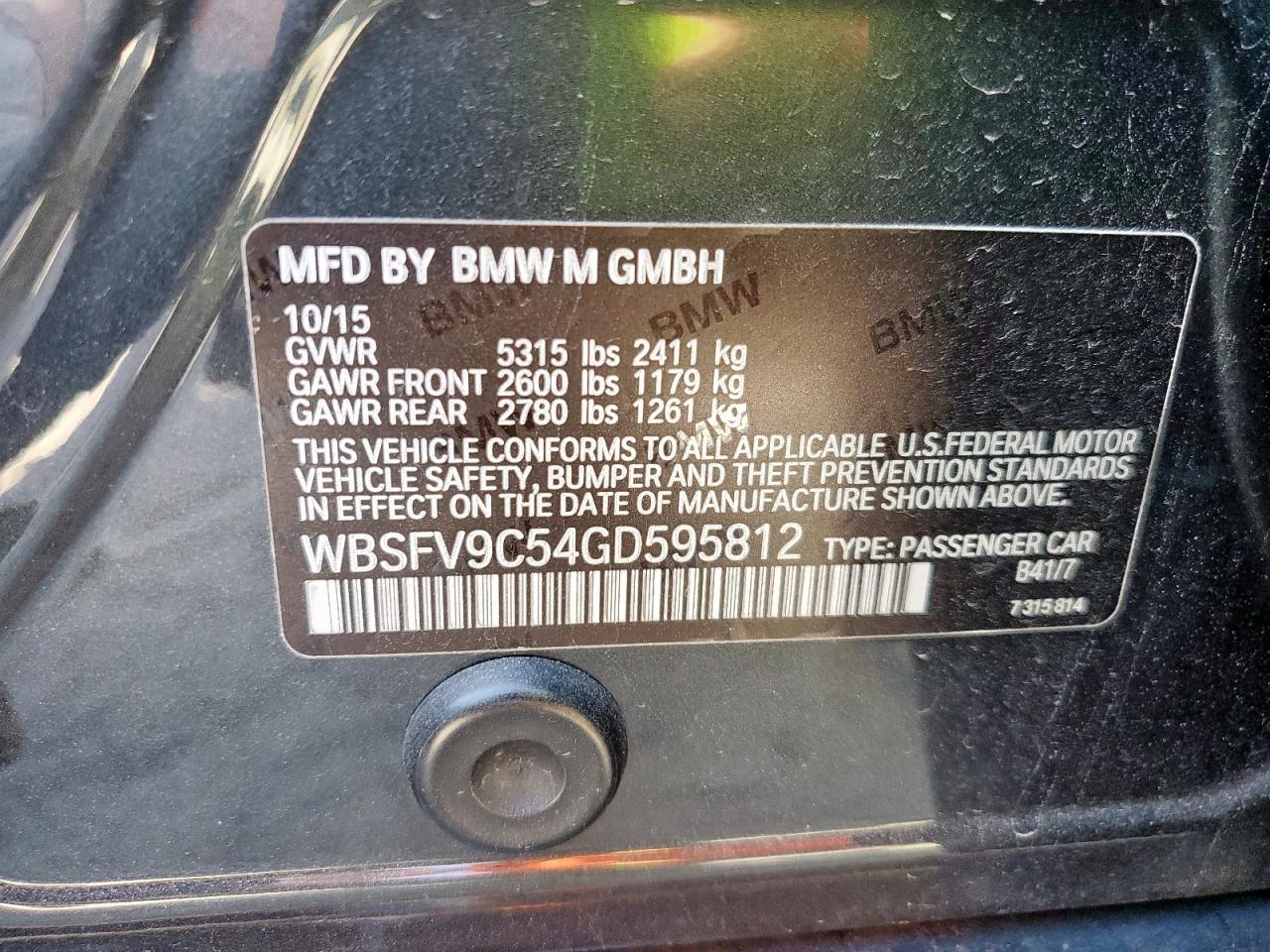 2016 BMW M5 VIN: WBSFV9C54GD595812 Lot: 86541805