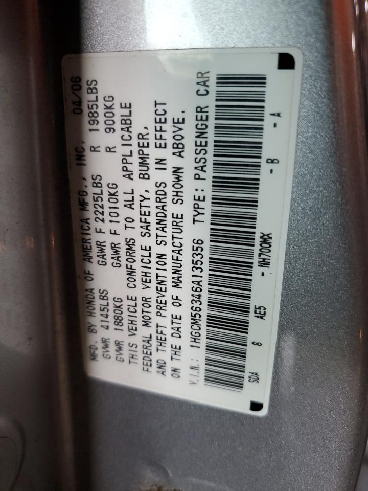 2006 Honda Accord Se VIN: 1HGCM56346A135356 Lot: 86625295