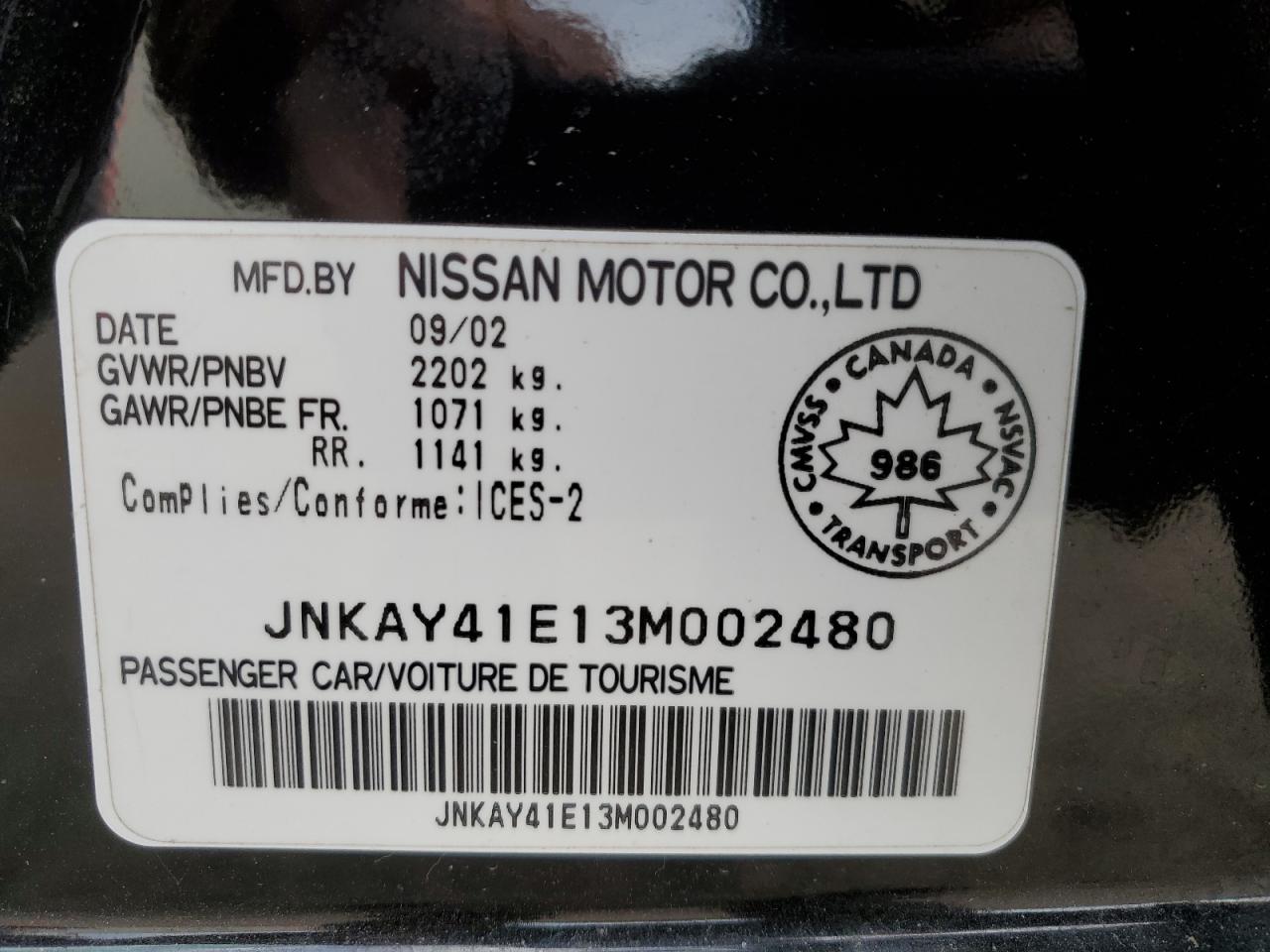 2003 Infiniti M45 VIN: JNKAY41E13M002480 Lot: 90198085