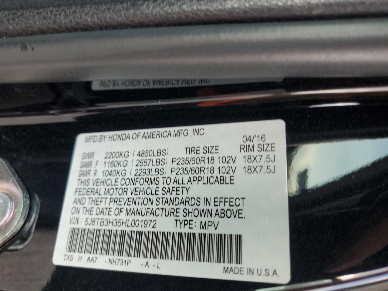 2017 Acura Rdx VIN: 5J8TB3H35HL001972 Lot: 89549105