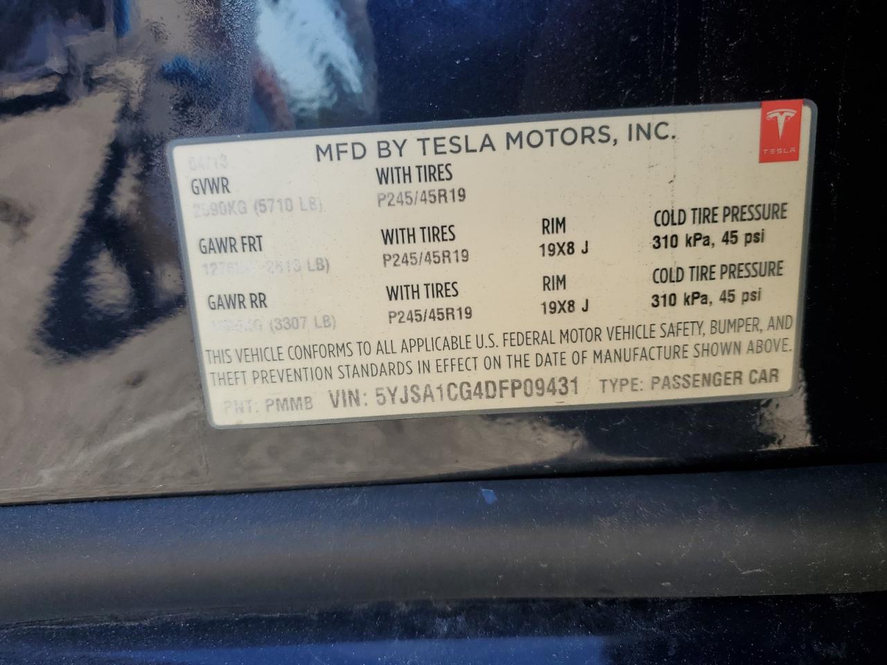 2013 Tesla Model S VIN: 5YJSA1CG4DFP09431 Lot: 87044275