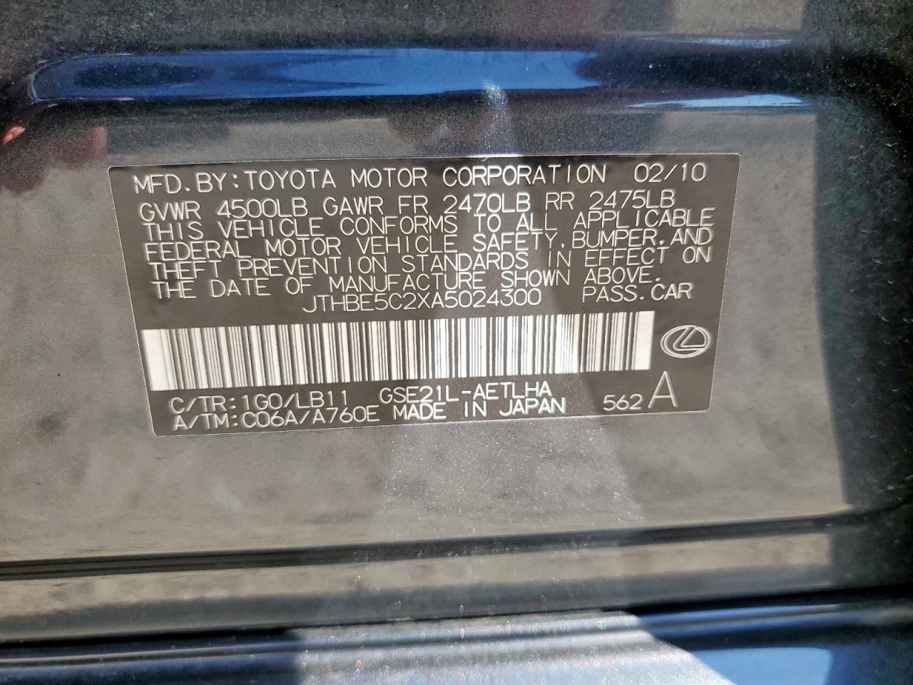 2010 Lexus Is 350 VIN: JTHBE5C2XA5024300 Lot: 86290955