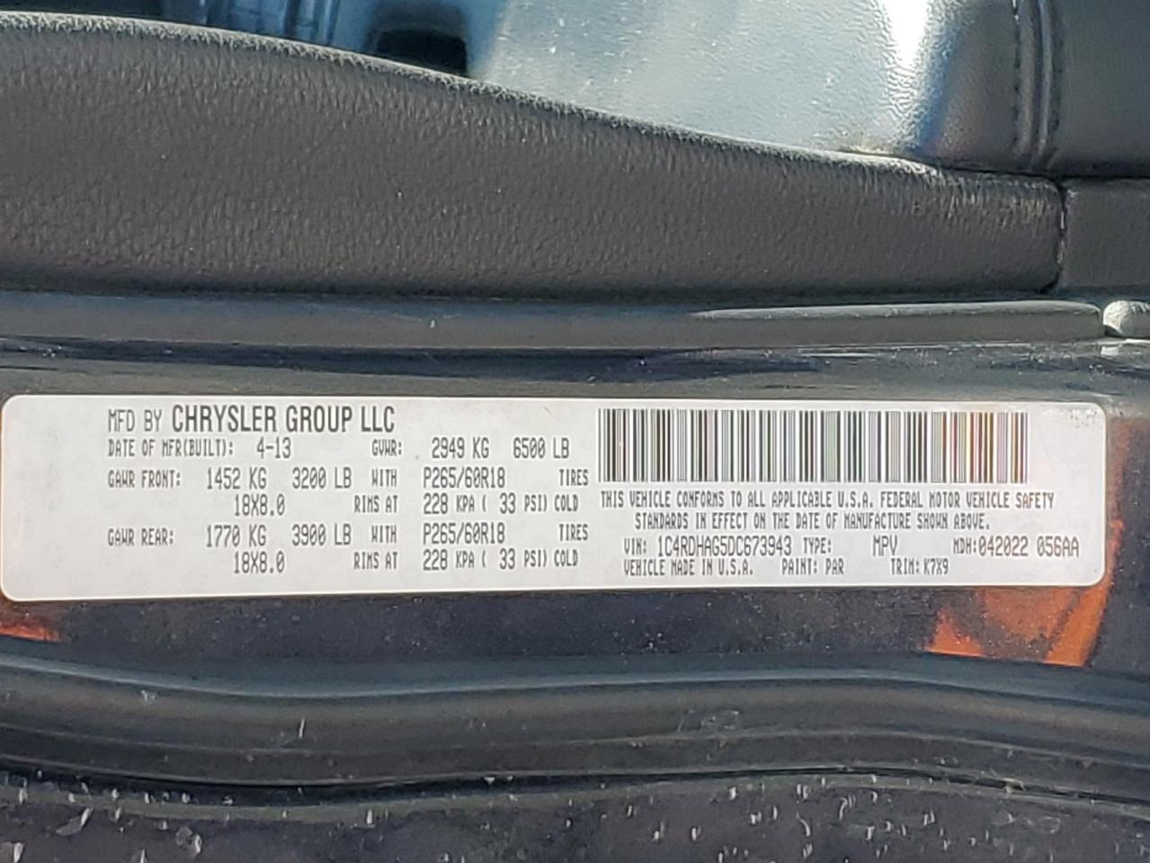 2013 Dodge Durango Sxt VIN: 1C4RDHAG5DC673943 Lot: 82727575