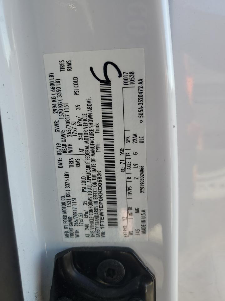 2019 Ford F150 Supercrew VIN: 1FTEW1EP0KKD05831 Lot: 87085625