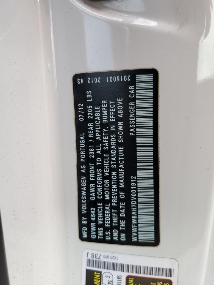 2013 Volkswagen Eos Lux VIN: WVWFW8AH7DV001912 Lot: 85477445