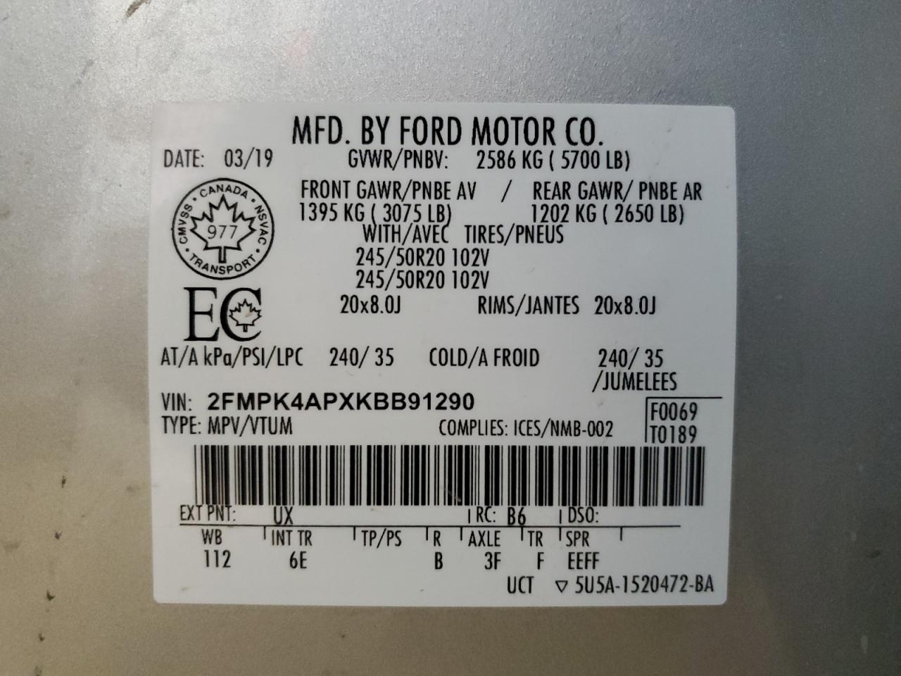 2019 Ford Edge St VIN: 2FMPK4APXKBB91290 Lot: 86829495
