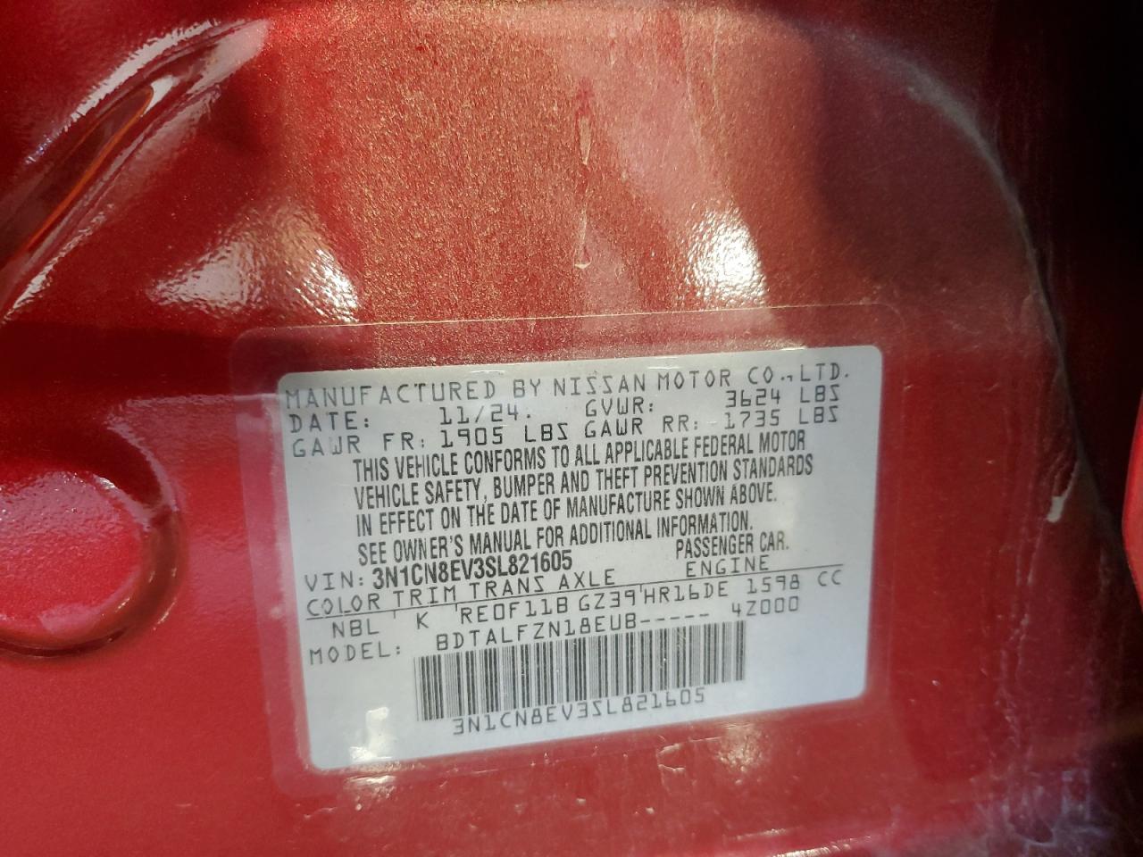 2025 Nissan Versa Sv VIN: 3N1CN8EV3SL821605 Lot: 85921135