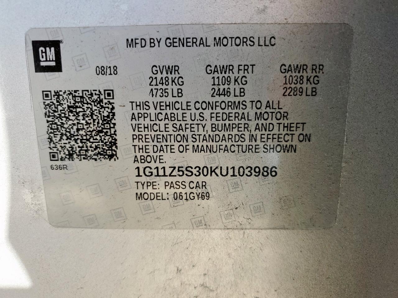 2019 Chevrolet Impala Lt VIN: 1G11Z5S30KU103986 Lot: 81852215