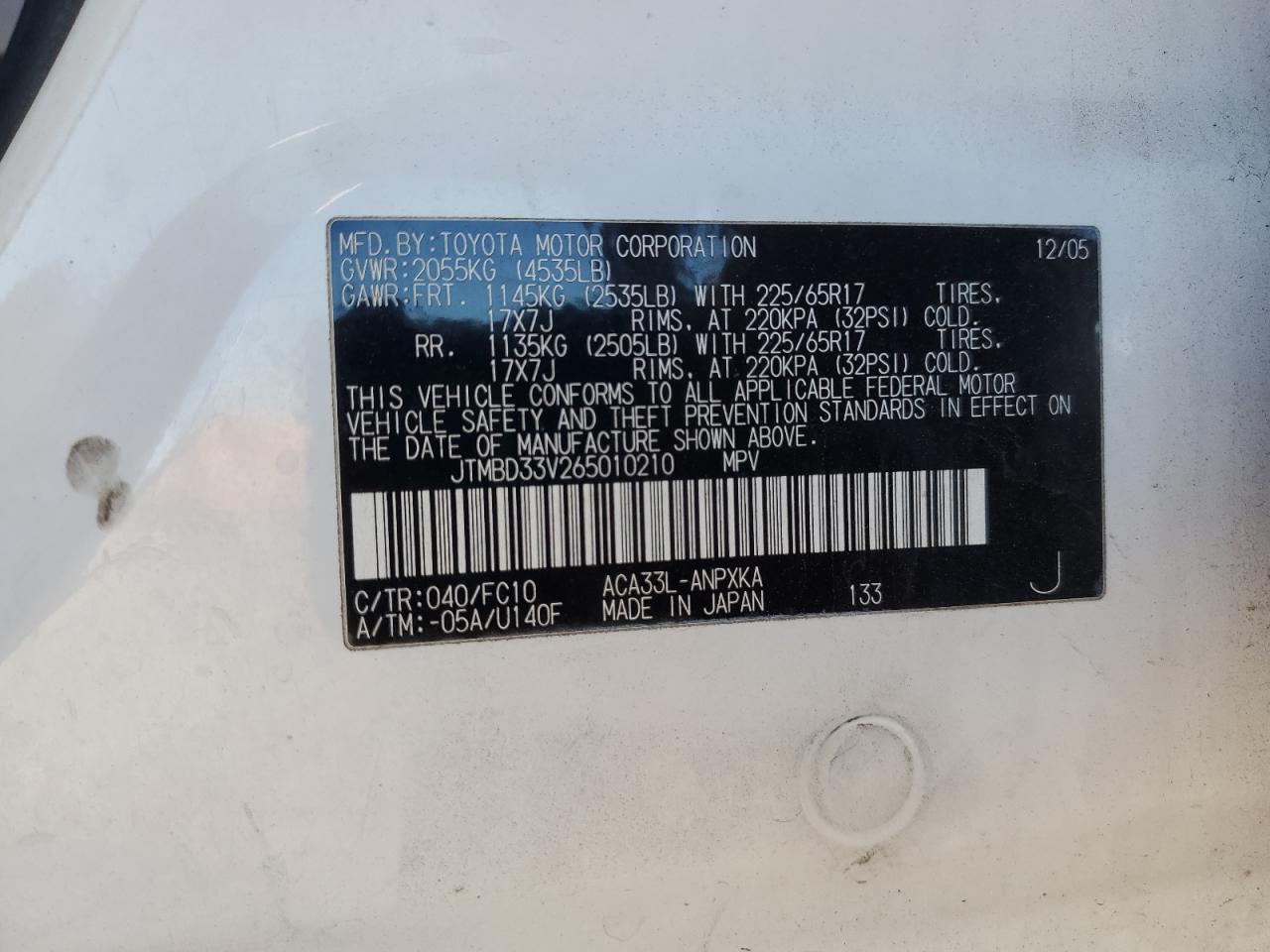 2006 Toyota Rav4 VIN: JTMBD33V265010210 Lot: 82384055