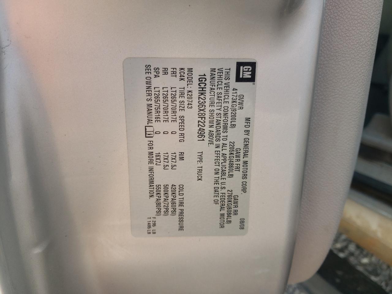 2008 Chevrolet Silverado K2500 Heavy Duty VIN: 1GCHK236X8F224961 Lot: 85356695