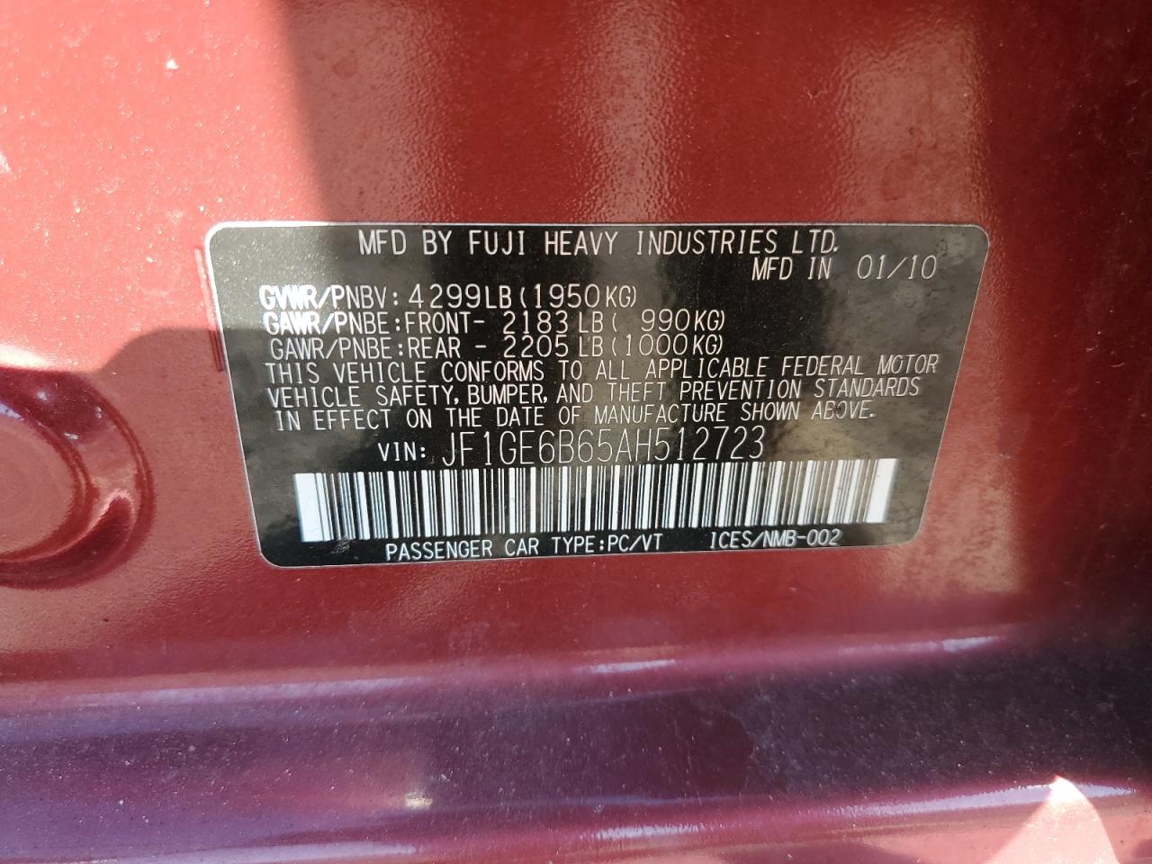 2010 Subaru Impreza 2.5I Premium VIN: JF1GE6B65AH512723 Lot: 82263485