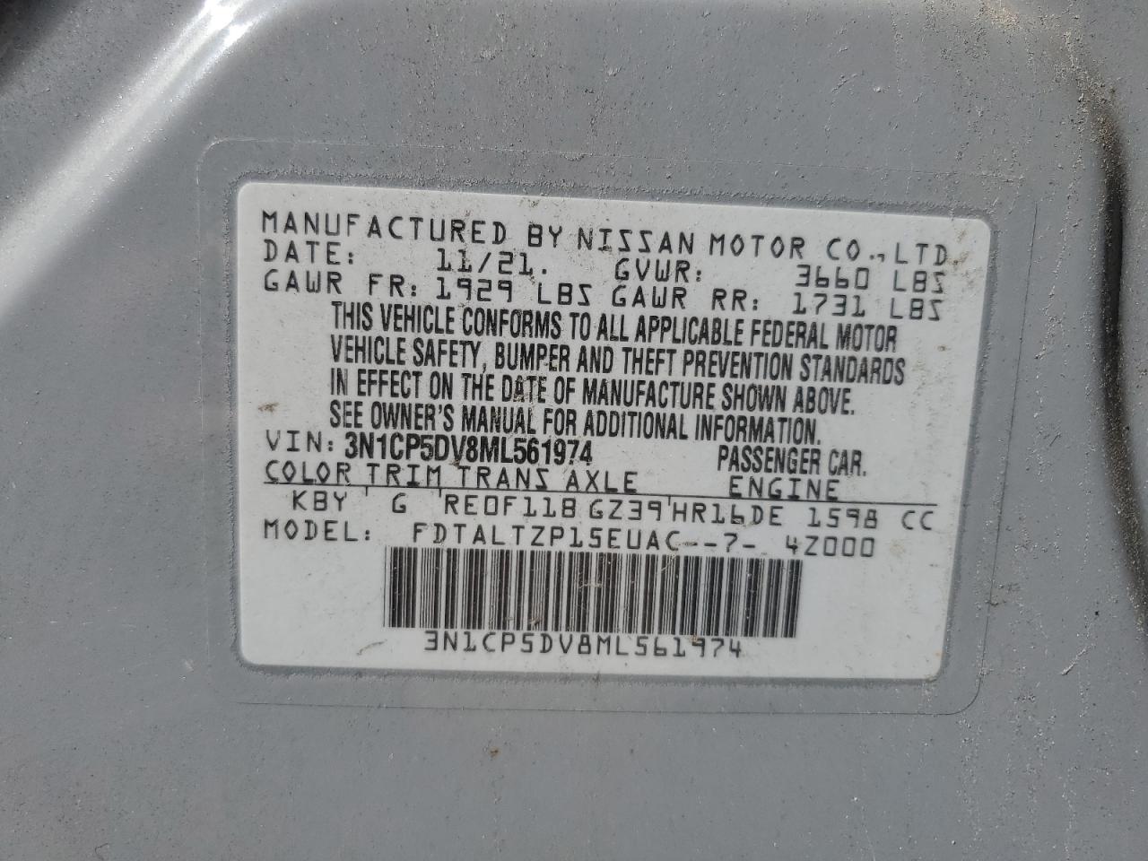 2021 Nissan Kicks Sr VIN: 3N1CP5DV8ML561974 Lot: 84055795