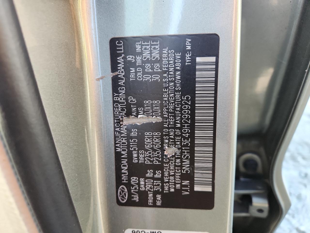 2009 Hyundai Santa Fe Se VIN: 5NMSH13E49H299925 Lot: 82759165