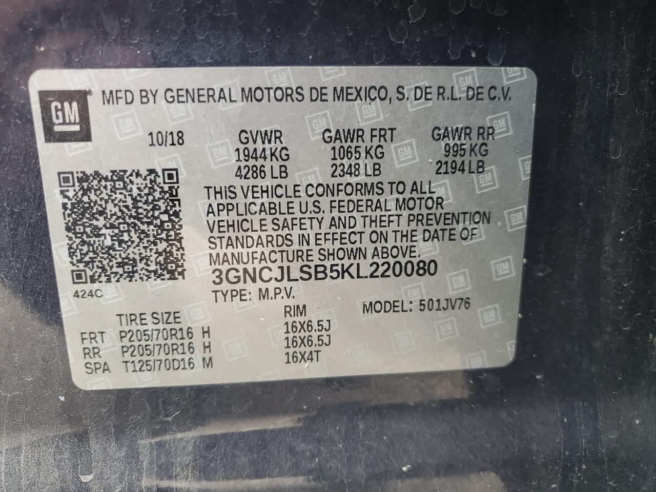 2019 Chevrolet Trax 1Lt VIN: 3GNCJLSB5KL220080 Lot: 90688745