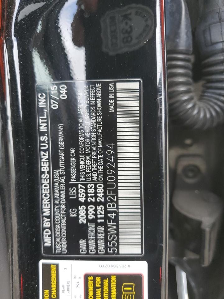 2015 Mercedes-Benz C 300 VIN: 55SWF4JB2FU092494 Lot: 85754745