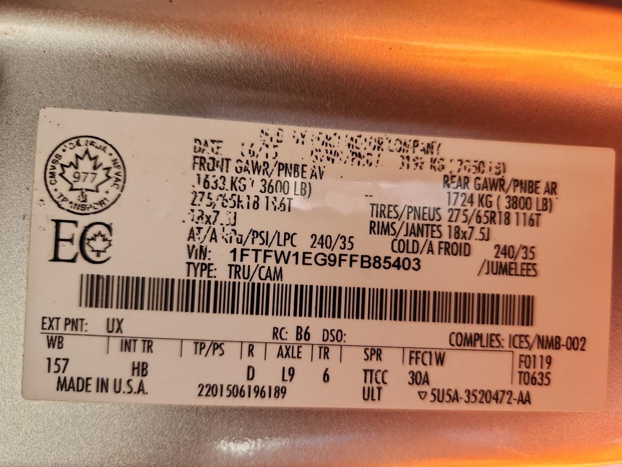 2015 Ford F150 Supercrew VIN: 1FTFW1EG9FFB85403 Lot: 86249715