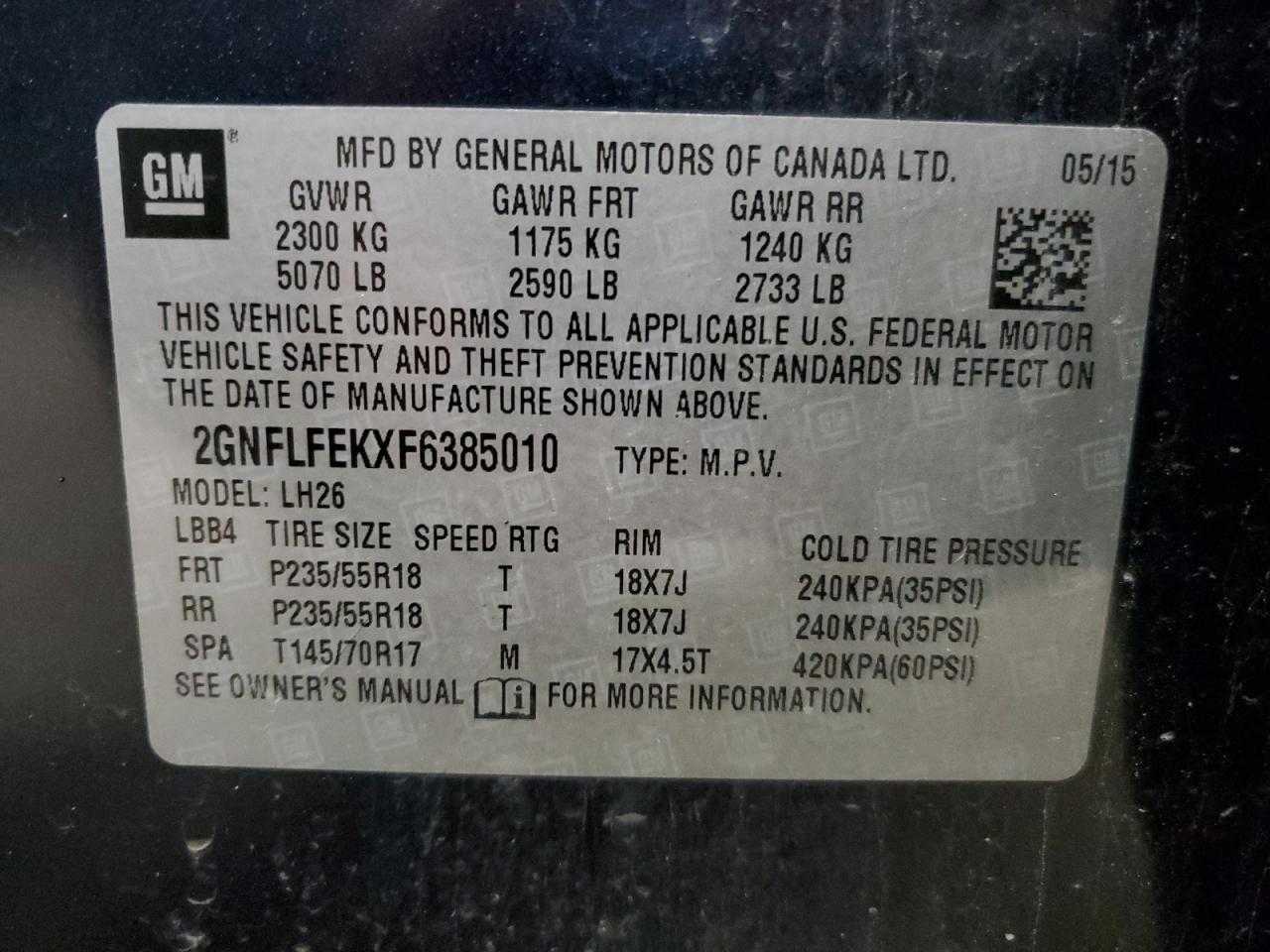 2015 Chevrolet Equinox Lt VIN: 2GNFLFEKXF6385010 Lot: 86680915