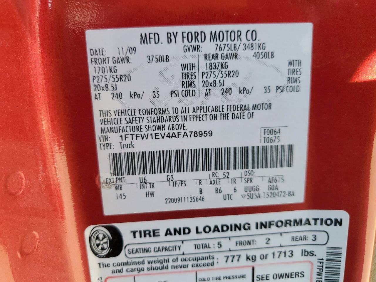 2010 Ford F150 Supercrew VIN: 1FTFW1EV4AFA78959 Lot: 85367965