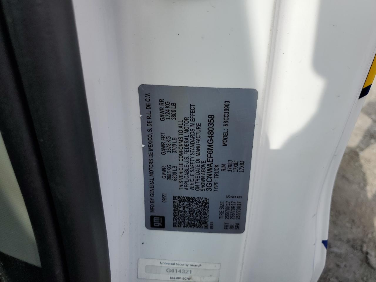 2021 Chevrolet Silverado C1500 VIN: 3GCNWAEF6MG480358 Lot: 84456265