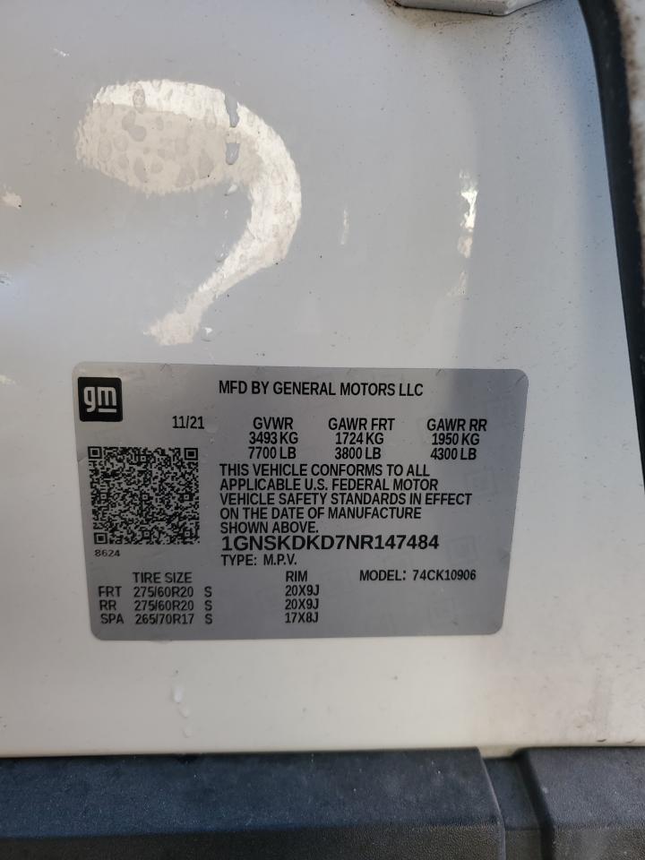 2022 Chevrolet Suburban K1500 Z71 VIN: 1GNSKDKD7NR147484 Lot: 90481405