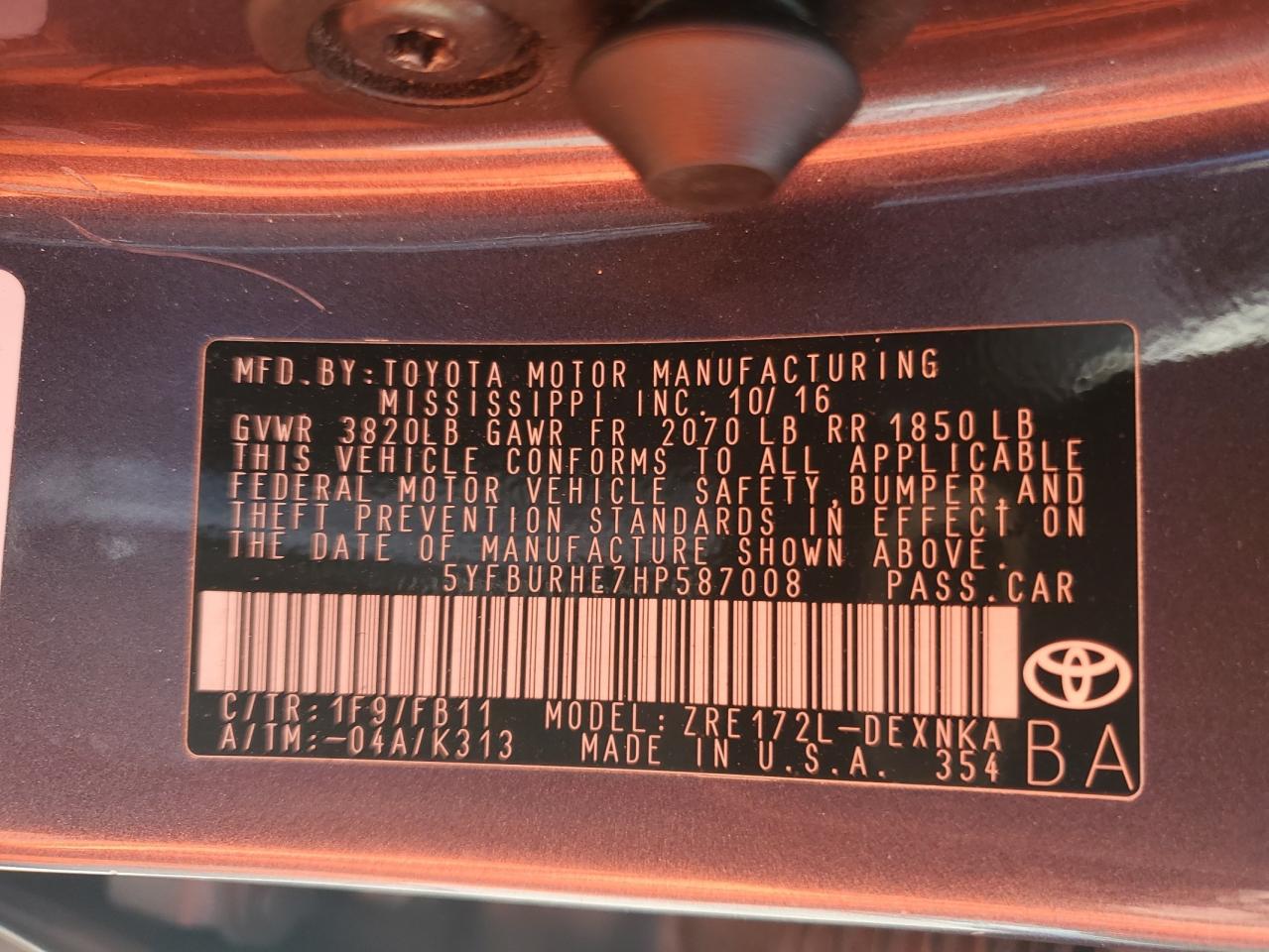 2017 Toyota Corolla L VIN: 5YFBURHE7HP587008 Lot: 84805405