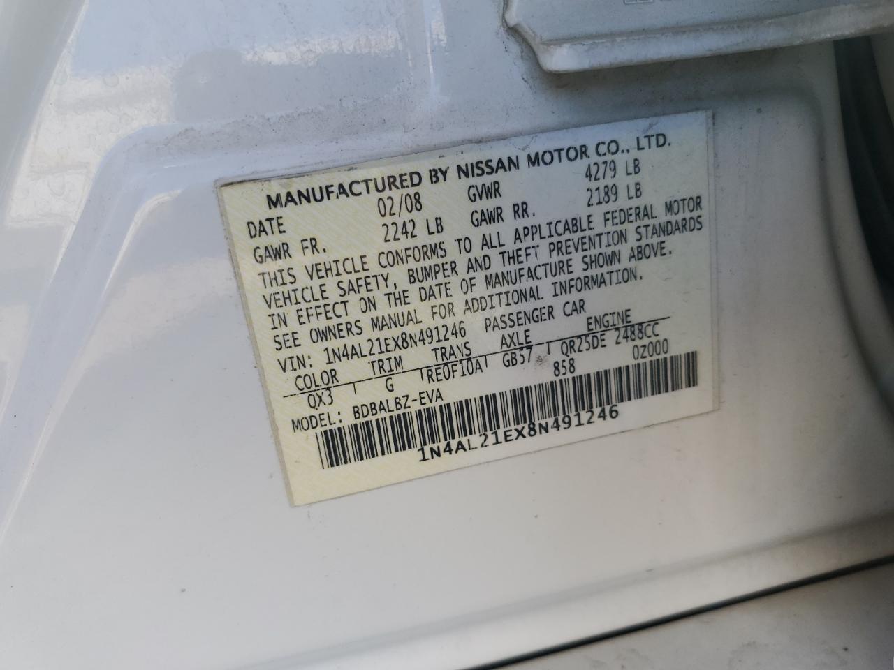 2008 Nissan Altima 2.5 VIN: 1N4AL21EX8N491246 Lot: 82229105