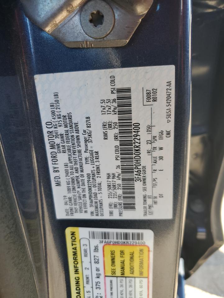 2019 Ford Fusion Se VIN: 3FA6P0HD0KR229400 Lot: 85874665