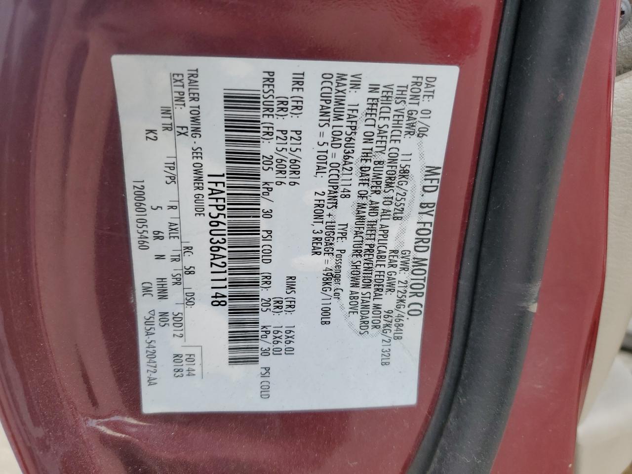 2006 Ford Taurus Sel VIN: 1FAFP56U36A211148 Lot: 90278105