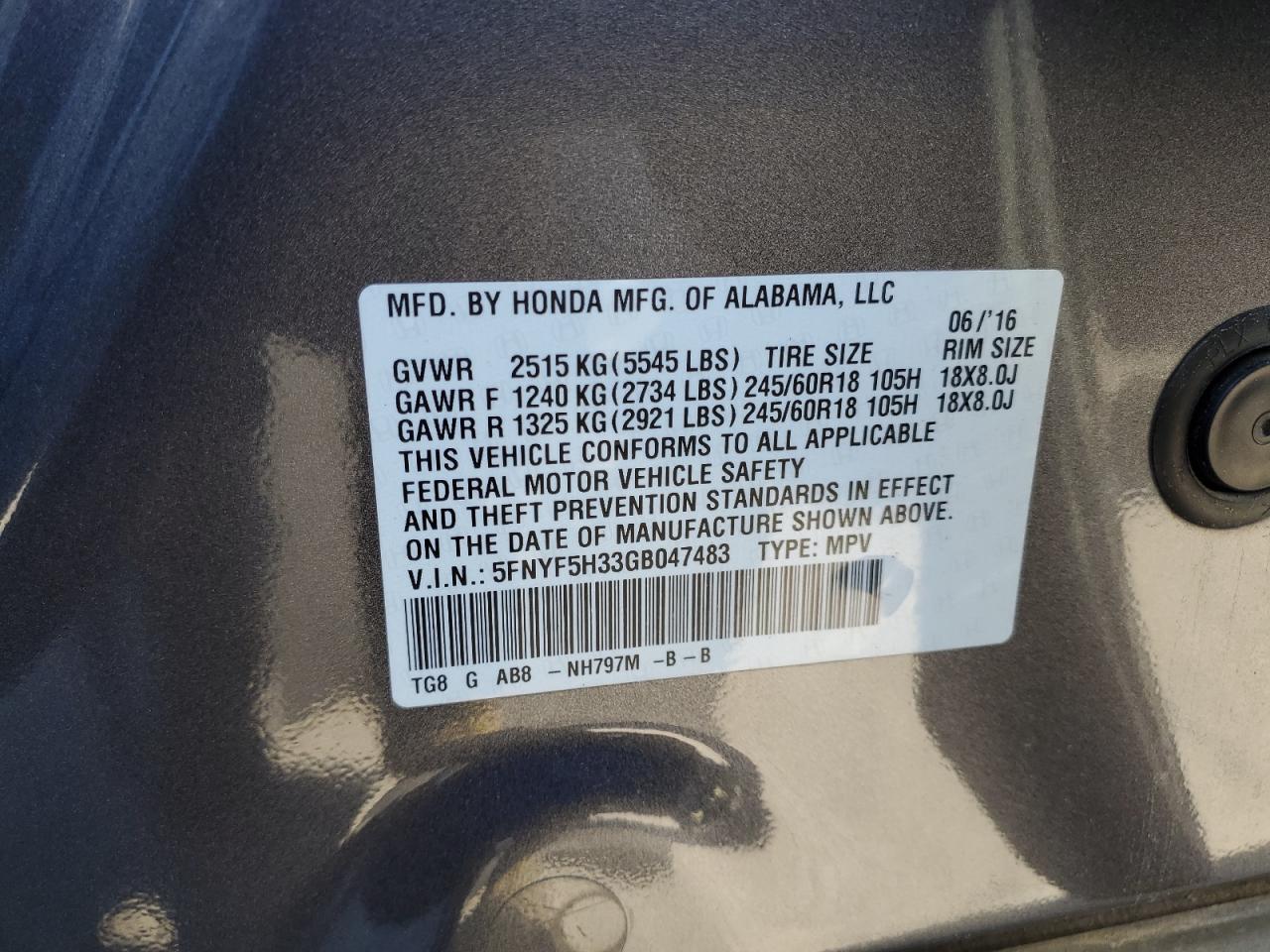 2016 Honda Pilot Ex VIN: 5FNYF5H33GB047483 Lot: 82373495