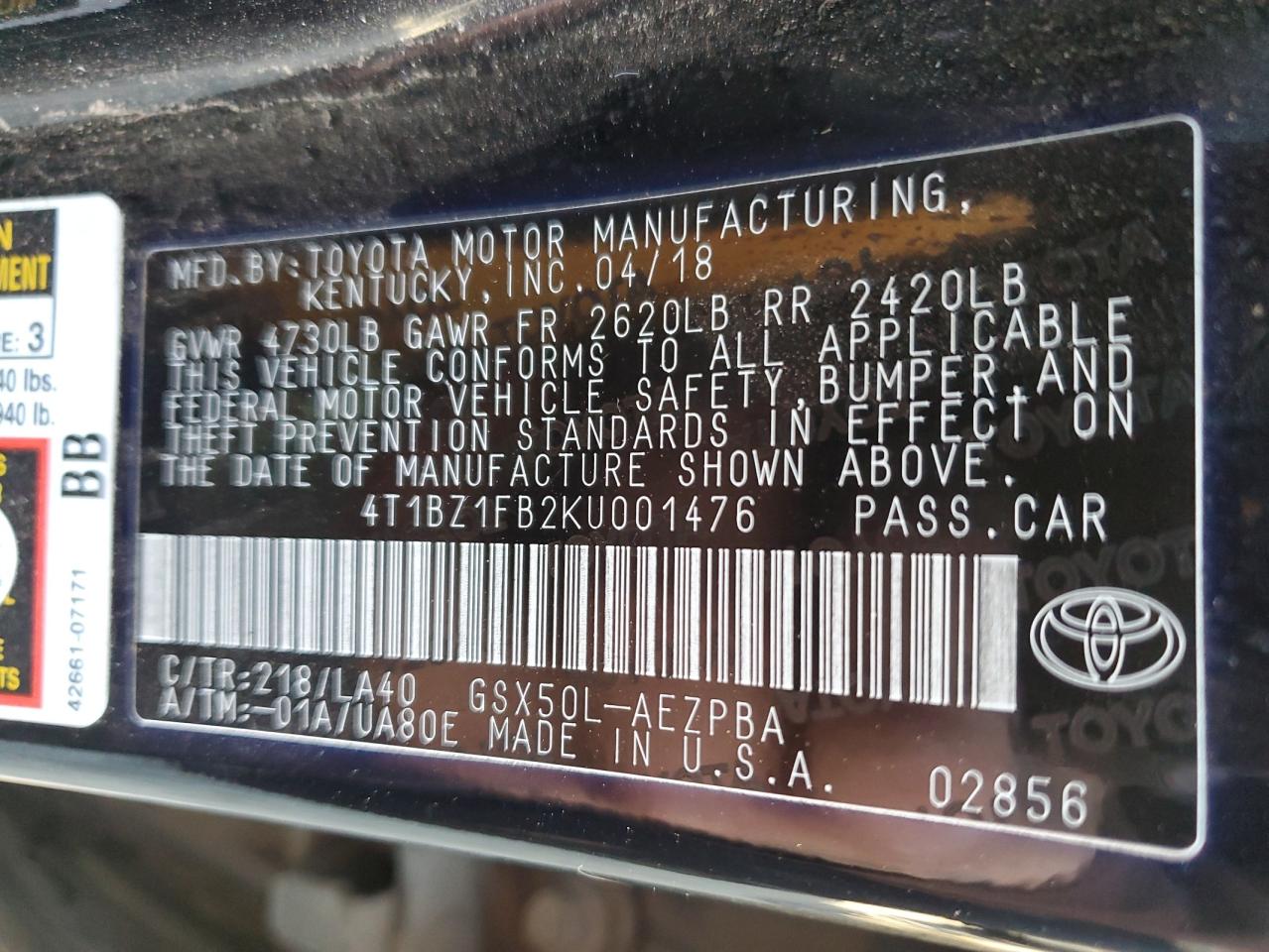 2019 Toyota Avalon Xle VIN: 4T1BZ1FB2KU001476 Lot: 89828275