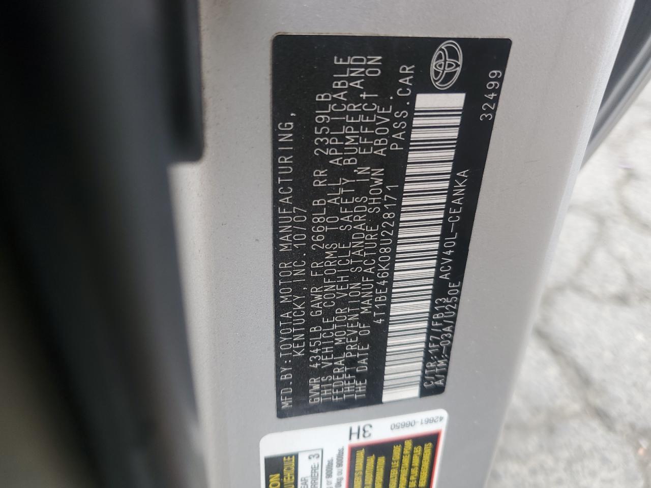 2008 Toyota Camry Ce VIN: 4T1BE46K08U228171 Lot: 82308905